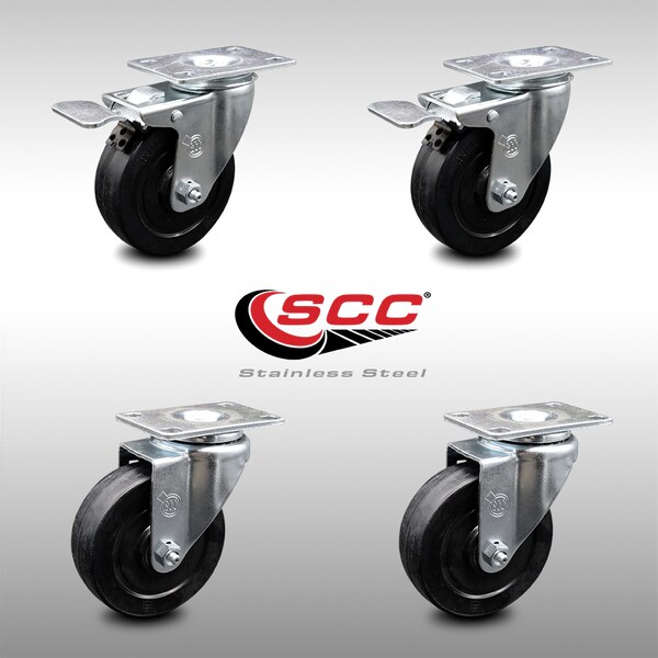 4 Inch SS Soft Rubber Wheel Top Plate Caster Total Lock Brakes SCC, 2PK